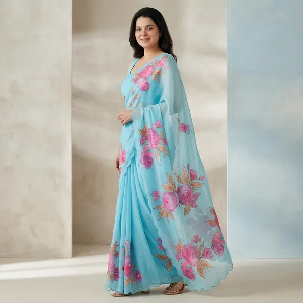 Sky_Blue_Floral_Georgette_Saree_With_Delicate_Hand_Work_&_Blouse_Piece