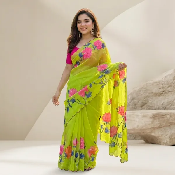 Lime_Green_Floral_Georgette_Saree_With_Delicate_Hand_Work_&_Blouse_Piece
