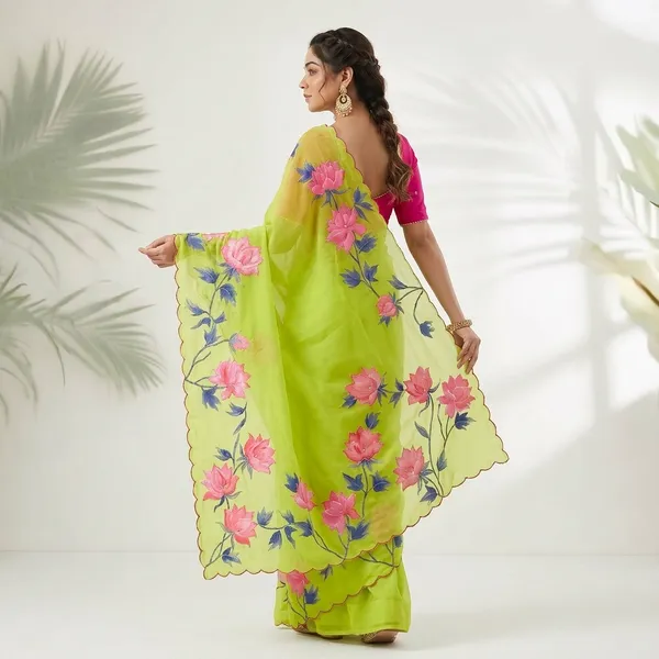Lime_Green_Floral_Georgette_Saree_With_Delicate_Hand_Work_&_Blouse_Piece