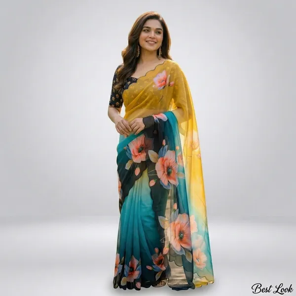Teal_And_Yellow_Ombre_Floral_Georgette_Saree_With_Delicate_Hand_Work_&_Blouse_Piece