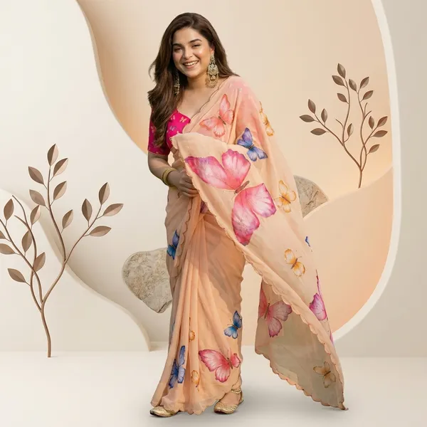 Peach_Butterfly_Print_Georgette_Saree_With_Delicate_Hand_Work_&_Blouse_Piece