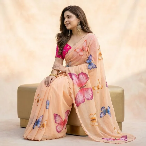 Peach_Butterfly_Print_Georgette_Saree_With_Delicate_Hand_Work_&_Blouse_Piece