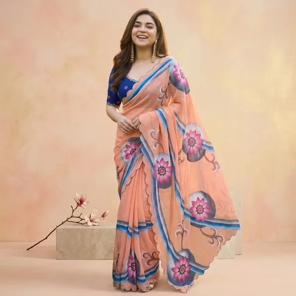 Peach_Floral_Georgette_Saree_With_Delicate_Hand_Work_&_Blouse_Piece