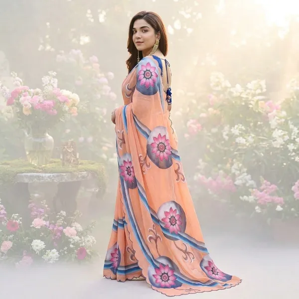 Peach_Floral_Georgette_Saree_With_Delicate_Hand_Work_&_Blouse_Piece