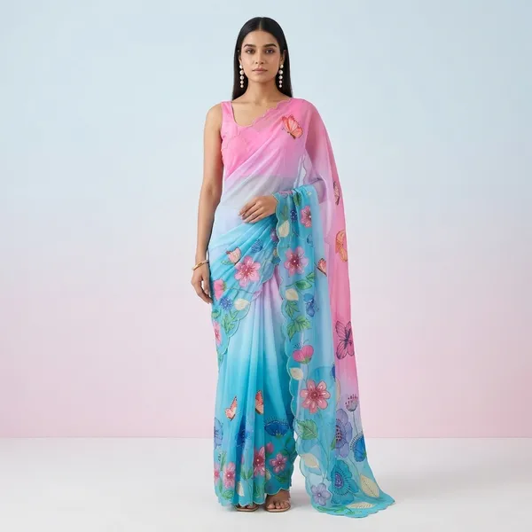 Pink_Cyan_Ombre_Floral_Georgette_Saree_With_Delicate_Hand_Work_&_Blouse_Piece