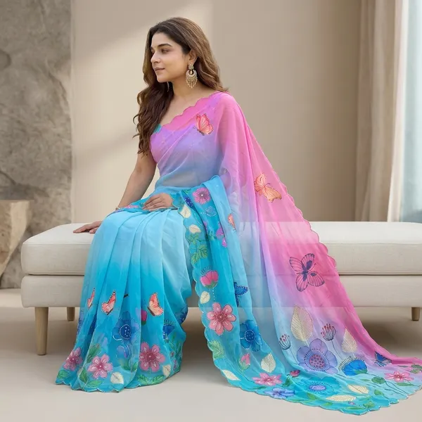 Pink_Cyan_Ombre_Floral_Georgette_Saree_With_Delicate_Hand_Work_&_Blouse_Piece