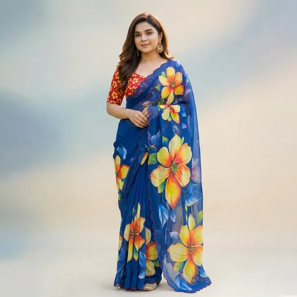Royal_Blue_Floral_Georgette_Saree_With_Delicate_Hand_Work_&_Blouse_Piece