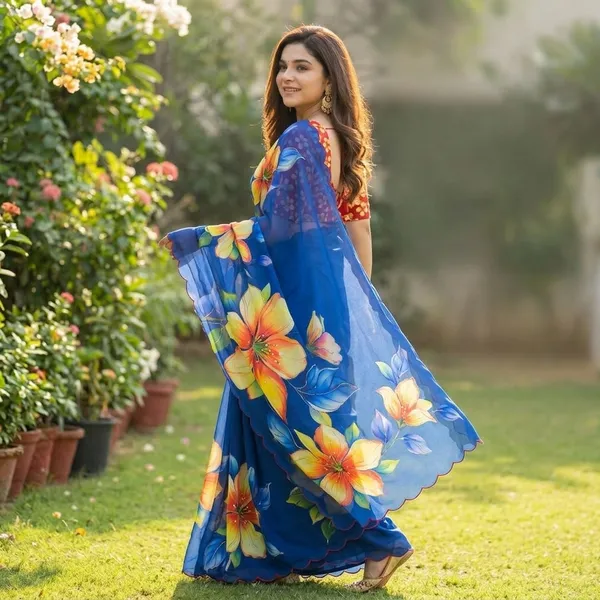 Royal_Blue_Floral_Georgette_Saree_With_Delicate_Hand_Work_&_Blouse_Piece