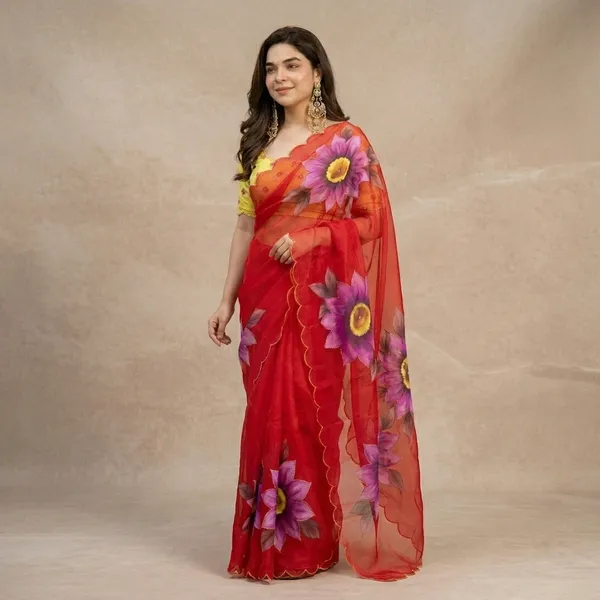 Crimson_Red_Floral_Georgette_Saree_With_Delicate_Hand_Work_&_Blouse_Piece