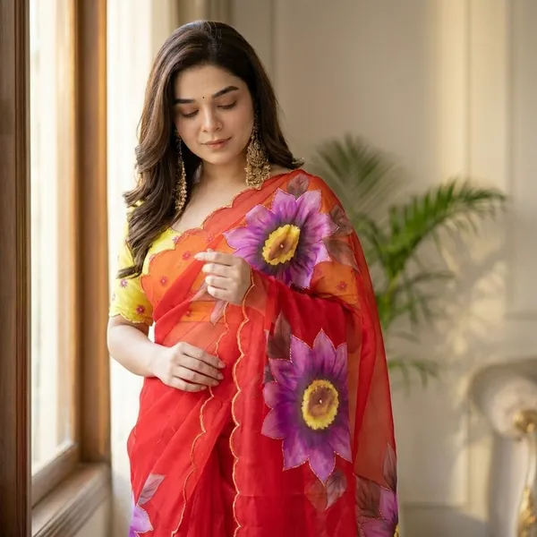 Crimson_Red_Floral_Georgette_Saree_With_Delicate_Hand_Work_&_Blouse_Piece
