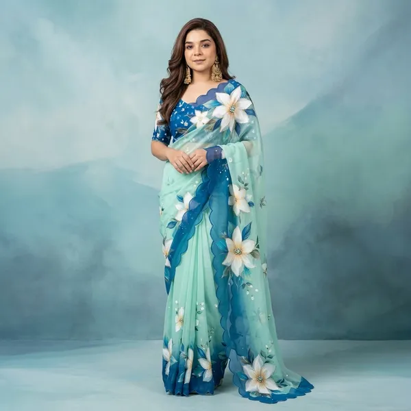 Aqua_Blue_Floral_Georgette_Saree_With_Delicate_Hand_Work_&_Blouse_Piece