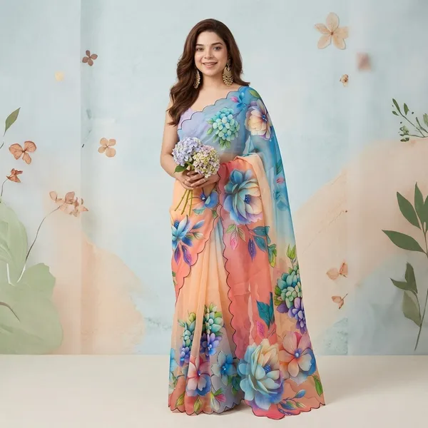 Peach_Floral_Georgette_Saree_With_Delicate_Hand_Work_&_Blouse_Piece