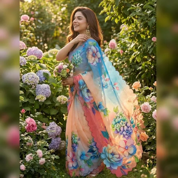 Peach_Floral_Georgette_Saree_With_Delicate_Hand_Work_&_Blouse_Piece
