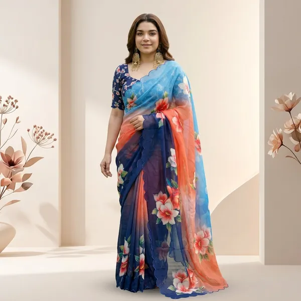 Deep_Blue_And_Orange_Floral_Georgette_Saree_With_Delicate_Hand_Work_&_Blouse_Piece