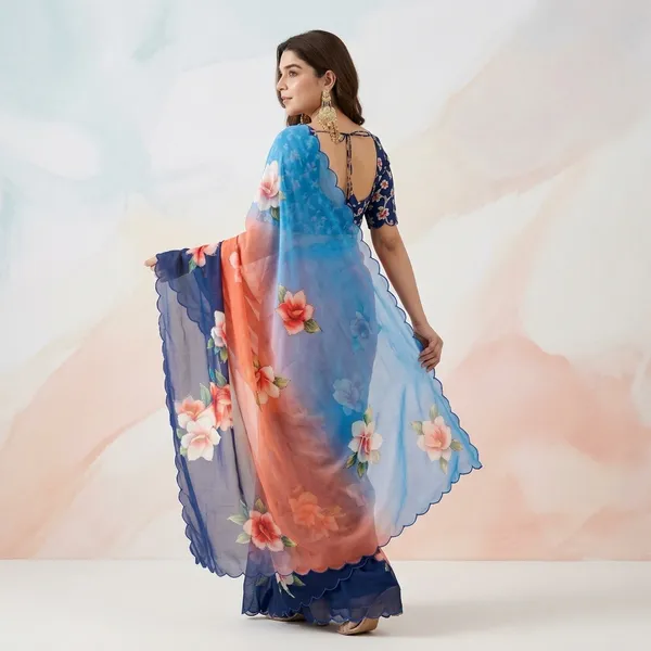 Deep_Blue_And_Orange_Floral_Georgette_Saree_With_Delicate_Hand_Work_&_Blouse_Piece