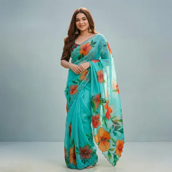 Teal_Green_Floral_Georgette_Saree_With_Delicate_Hand_Work_&_Blouse_Piece
