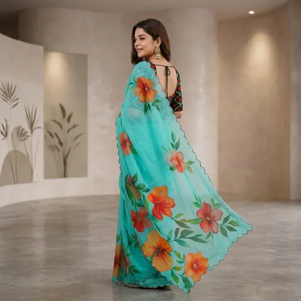 Teal_Green_Floral_Georgette_Saree_With_Delicate_Hand_Work_&_Blouse_Piece