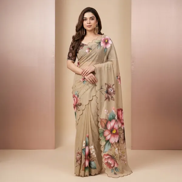 Beige_Floral_Georgette_Saree_With_Delicate_Hand_Work_&_Blouse_Piece