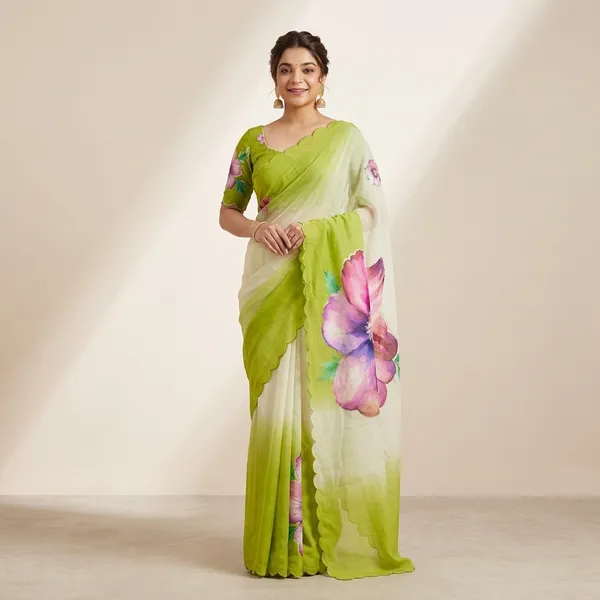 Lime_Green_And_White_Ombre_Floral_Georgette_Saree_With_Delicate_Hand_Work_&_Blouse_Piece