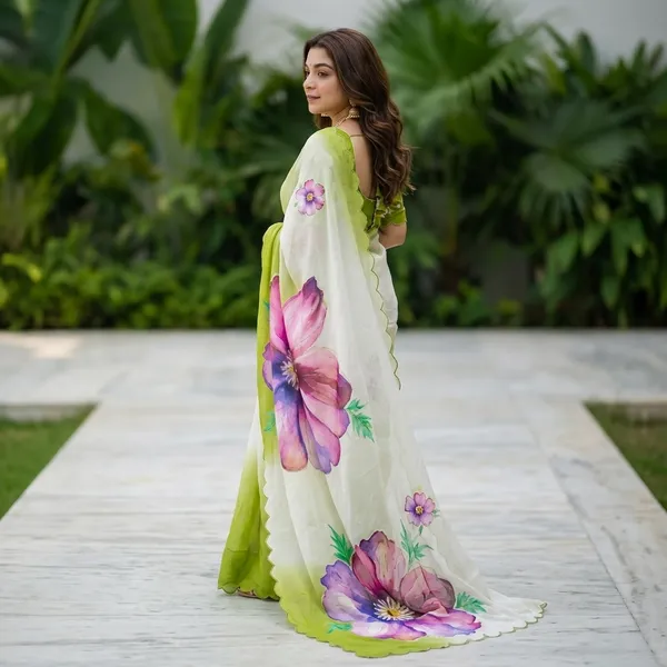 Lime_Green_And_White_Ombre_Floral_Georgette_Saree_With_Delicate_Hand_Work_&_Blouse_Piece