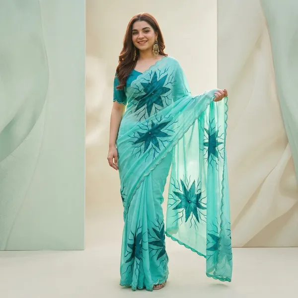 Mint_Teal_Floral_Georgette_Saree_With_Delicate_Hand_Work_&_Blouse_Piece