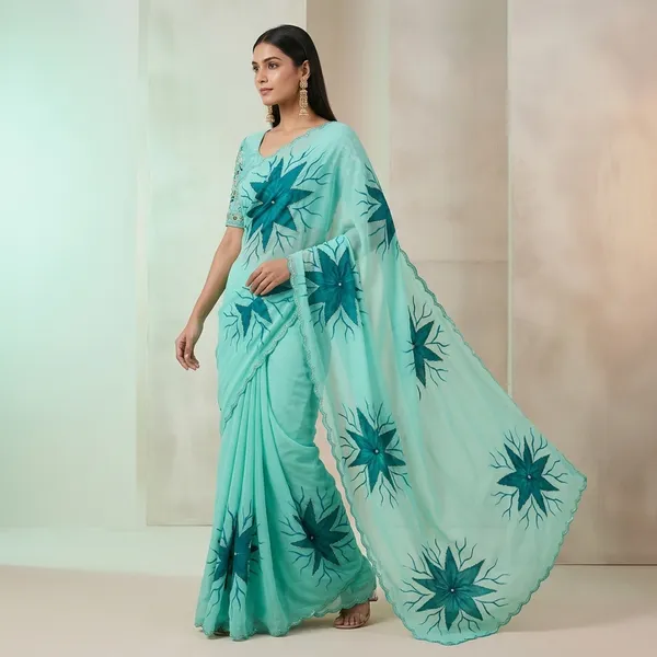 Mint_Teal_Floral_Georgette_Saree_With_Delicate_Hand_Work_&_Blouse_Piece