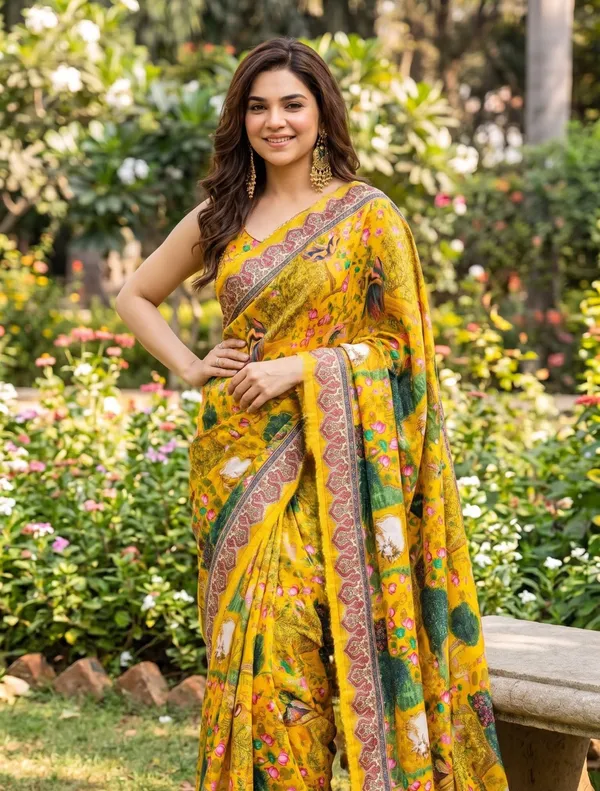 Sunflower_Pichwai_Garden_Katdana_Chinnon_Silk_Saree_with_Hand_work_&_Blouse_Piece