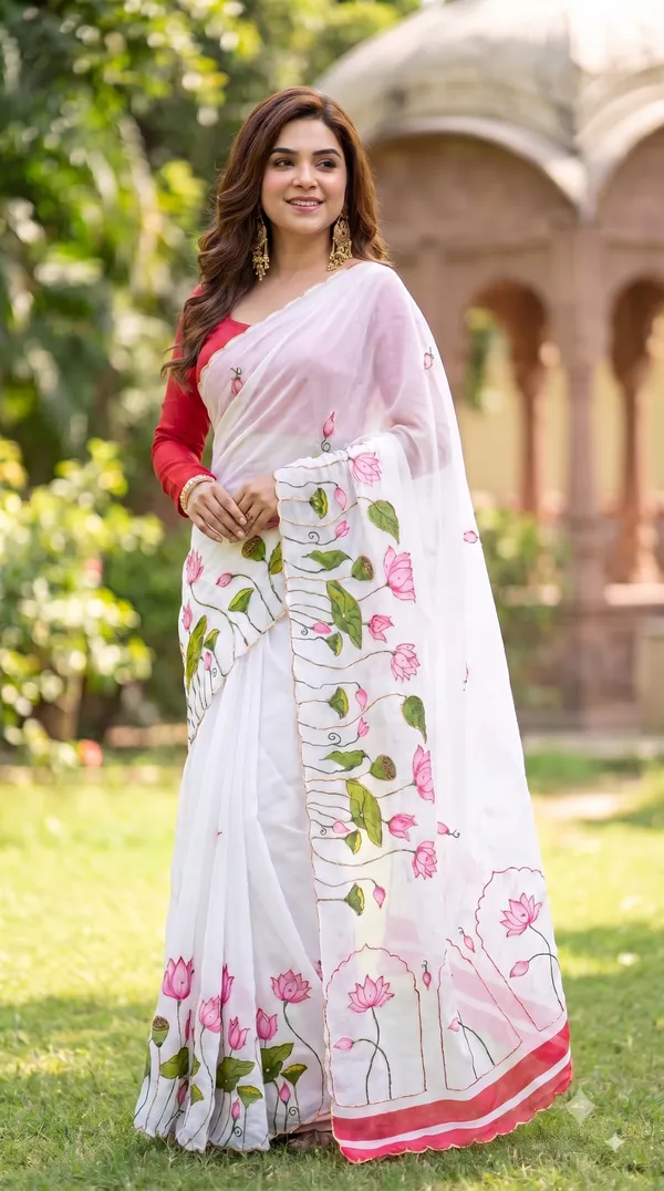 Shwet_Kamal_Digital_Print_Khatli_Handwork_Saree_With_Heavy_Border_&_Blouse_Piece