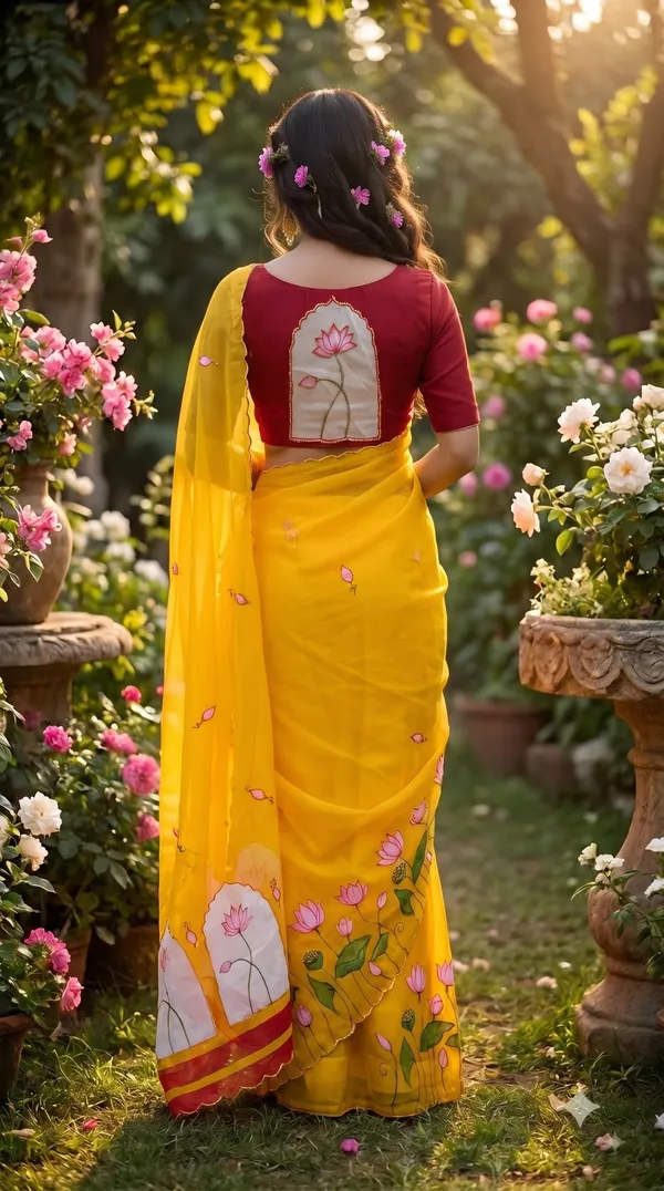 Basanti_Kamal_Digital_Print_Khatli_Handwork_Saree_With_Heavy_Border_&_Blouse_Piece