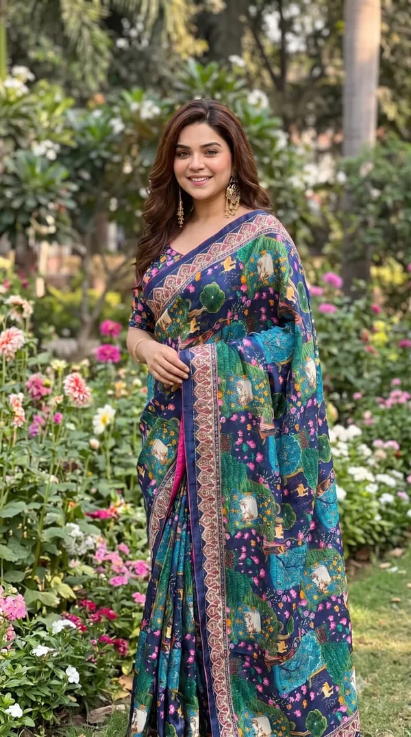 Navy_Garden_Katdana_Chinnon_Silk_Saree_with_Hand_work_&_Blouse_Piece