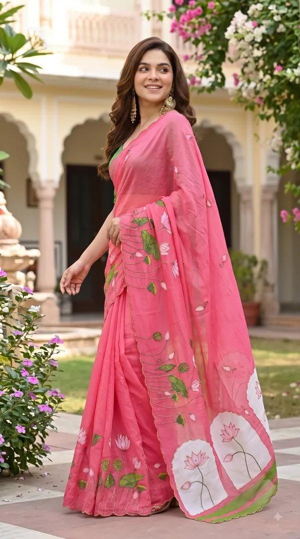Coral_Pink_Kamal_Digital_Print_Khatli_Handwork_Saree_With_Heavy_Border_&_Blouse_Piece