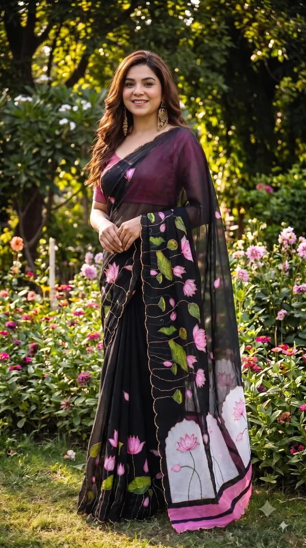 Noir_Lotus_Digital_Print_Khatli_Handwork_Saree_With_Heavy_Border_&_Blouse_Piece