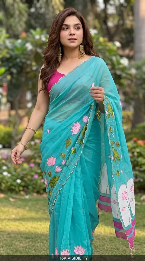 Firozi_Kamal_Digital_Print_Khatli_Handwork_Saree_With_Heavy_Border_&_Blouse_Piece