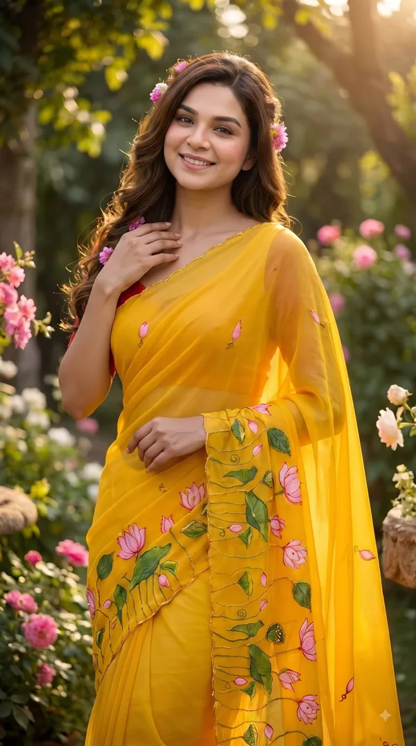 Basanti_Kamal_Digital_Print_Khatli_Handwork_Saree_With_Heavy_Border_&_Blouse_Piece