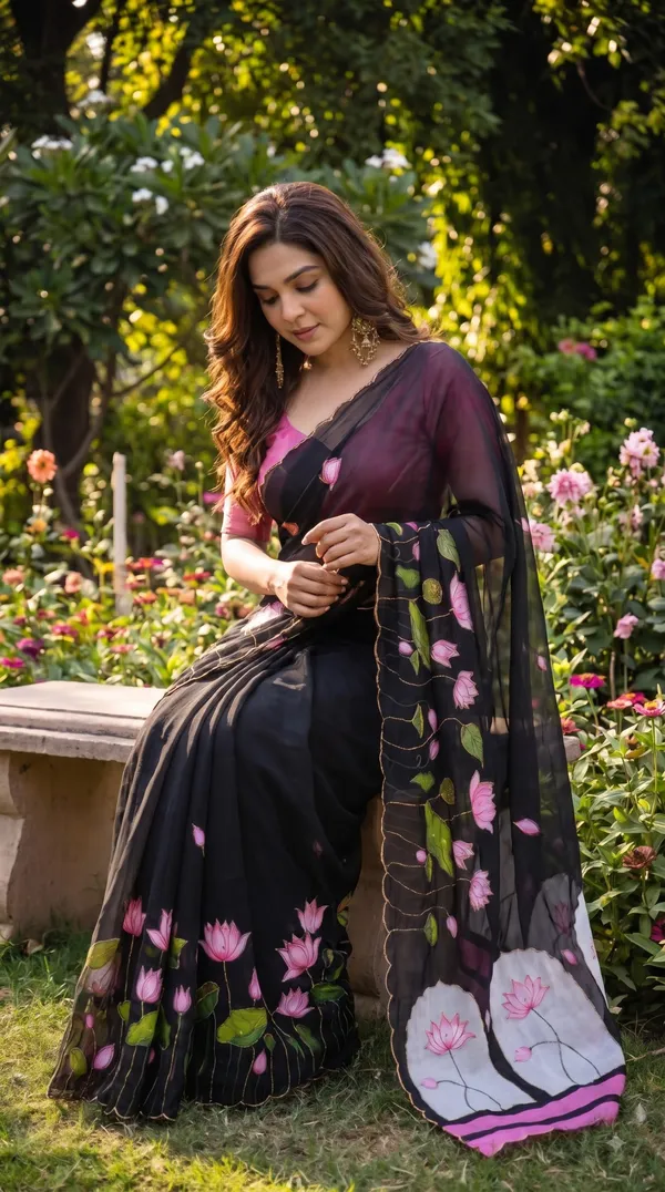 Noir_Lotus_Digital_Print_Khatli_Handwork_Saree_With_Heavy_Border_&_Blouse_Piece
