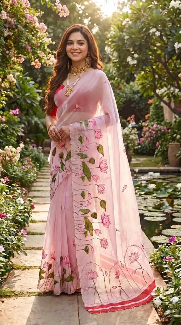 Gulabi_Kamal_Digital_Print_Khatli_Handwork_Saree_With_Heavy_Border_&_Blouse_Piece