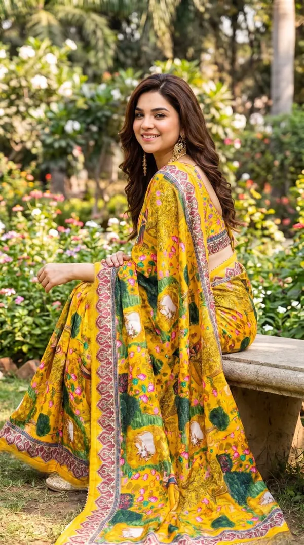 Sunflower_Pichwai_Garden_Katdana_Chinnon_Silk_Saree_with_Hand_work_&_Blouse_Piece