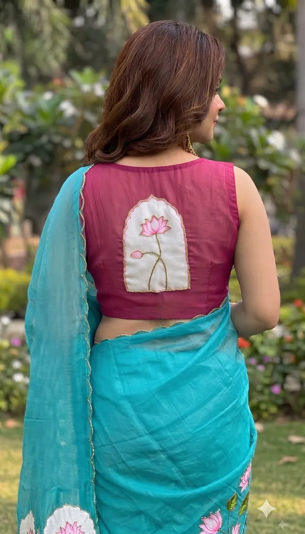 Firozi_Kamal_Digital_Print_Khatli_Handwork_Saree_With_Heavy_Border_&_Blouse_Piece