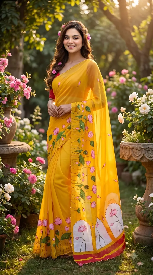 Basanti_Kamal_Digital_Print_Khatli_Handwork_Saree_With_Heavy_Border_&_Blouse_Piece