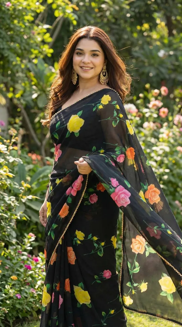 Black_Floral_Georgette_Saree_With_Heavy_Border_&_Blouse_Piece