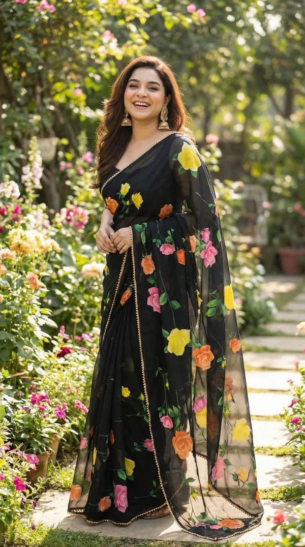 Black_Floral_Georgette_Saree_With_Heavy_Border_&_Blouse_Piece
