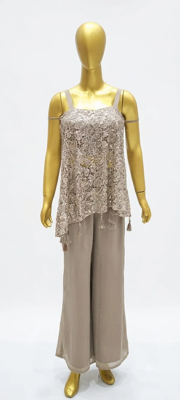 Taupe_Cutwork_Asymmetrical_Tunic_&_Palazzo_Set_Indo-western