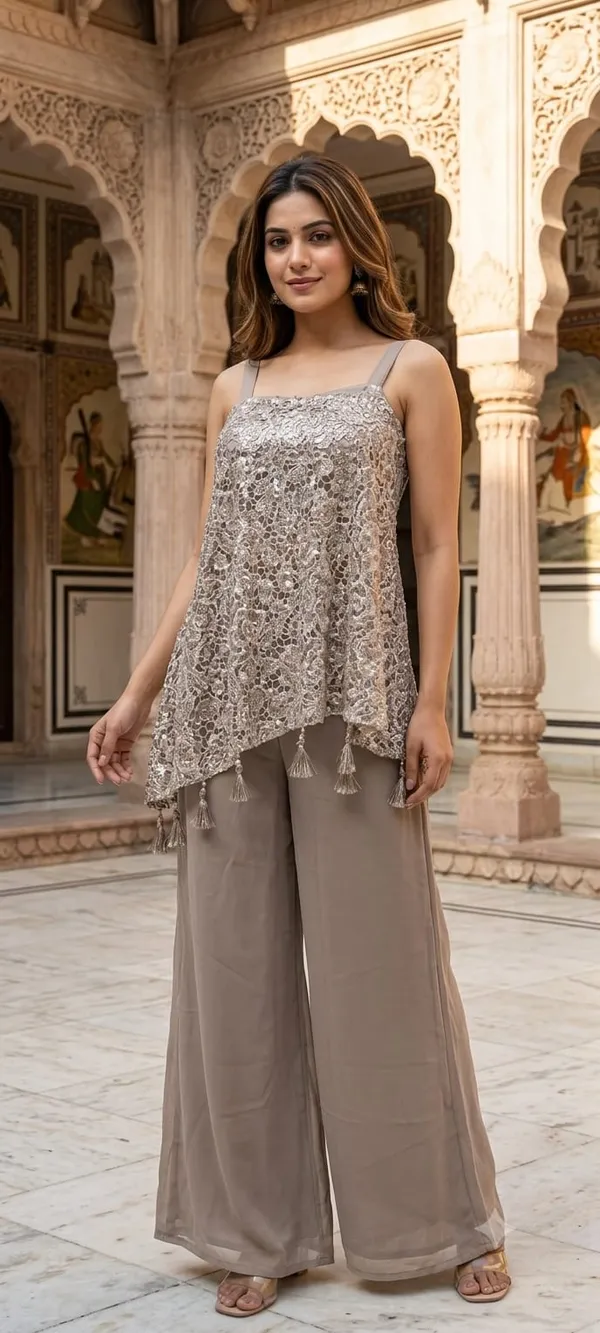 Taupe_Cutwork_Asymmetrical_Tunic_&_Palazzo_Set_Indo-western