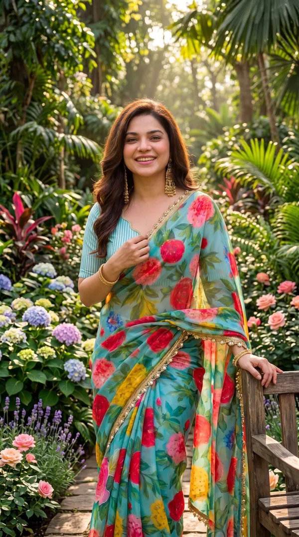 Turquoise_Rose_Garden_Digital_Print_Handwork_Saree_With_Heavy_Border_&_Blouse_Piece