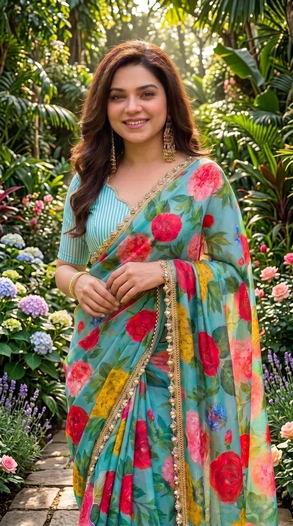 Turquoise_Rose_Garden_Digital_Print_Handwork_Saree_With_Heavy_Border_&_Blouse_Piece