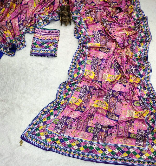 Gulabi_Chinon_Silk_Saree_With_Mirror_Work_&_Blouse_Piece
