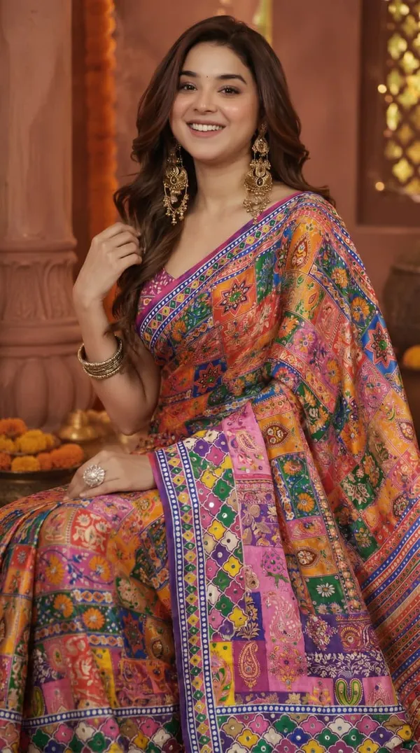 Gulabi_Chinon_Silk_Saree_With_Mirror_Work_&_Blouse_Piece