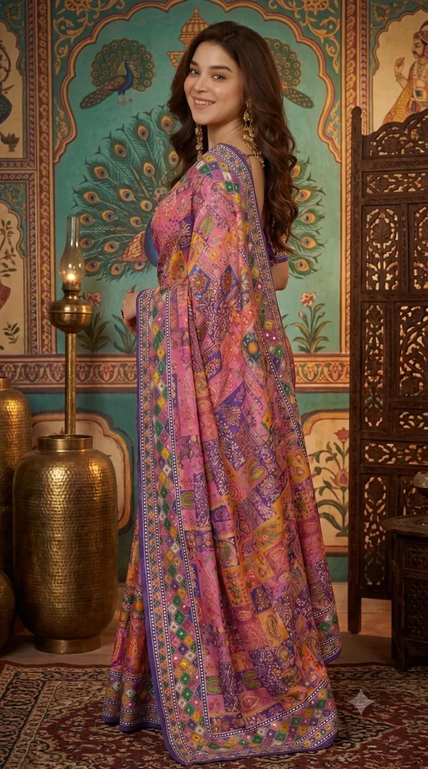 Gulabi_Chinon_Silk_Saree_With_Mirror_Work_&_Blouse_Piece