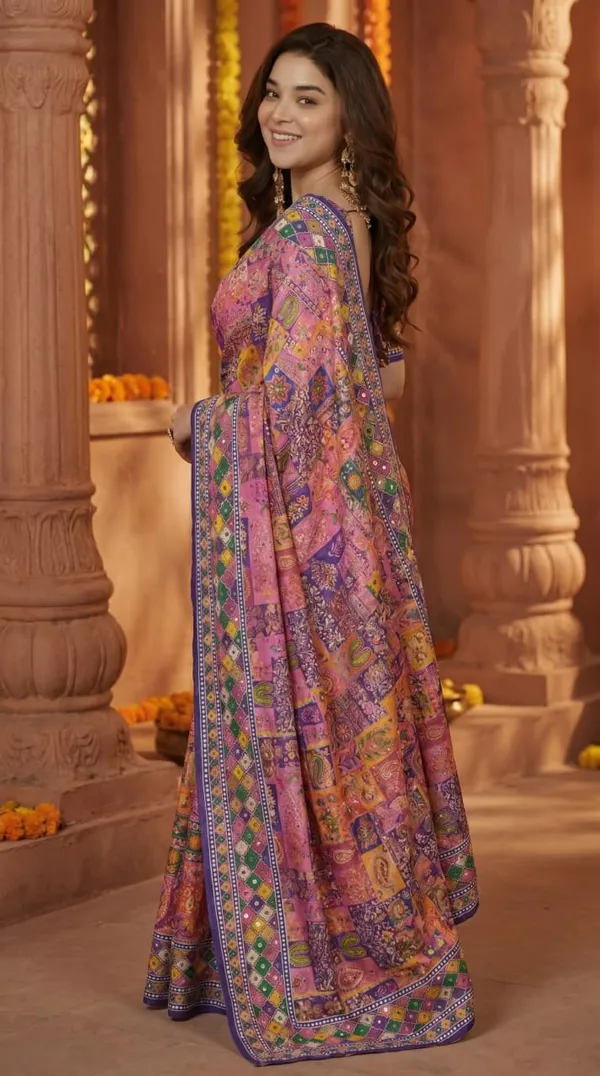 Gulabi_Chinon_Silk_Saree_With_Mirror_Work_&_Blouse_Piece