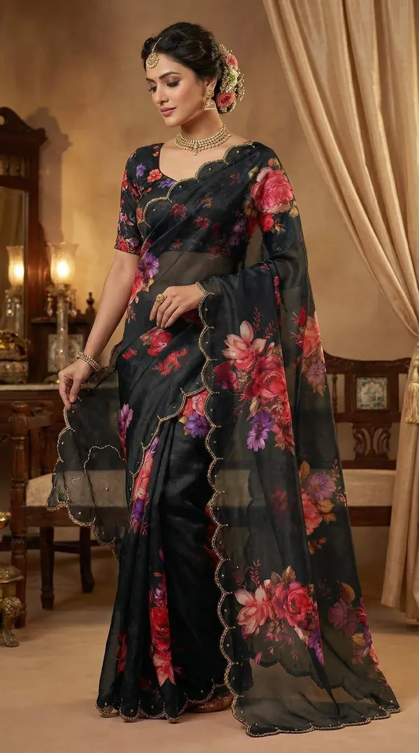 Charcoal_Black_Floral_Georgette_Hand_Work_Saree_With_Heavy_Border_&_Blouse_Piece